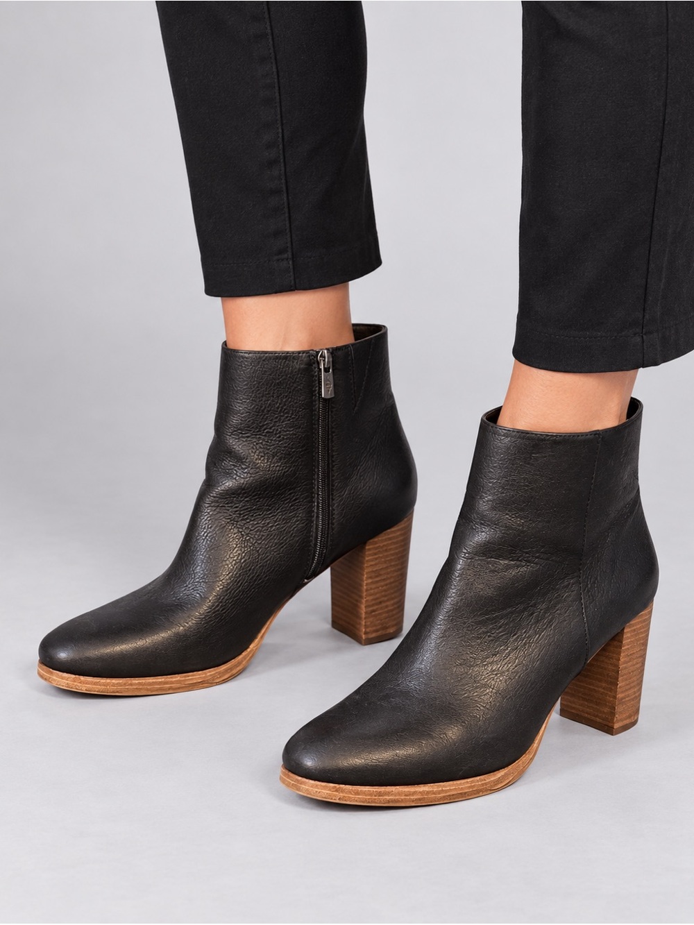 American Rag Black Leather Ankle Booties with Wood Block Heel